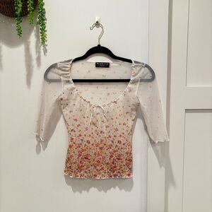 Naked Eyes Euro Micro Mesh Women's Floral Gradient Whimsy Top Ribbon Detail S/M